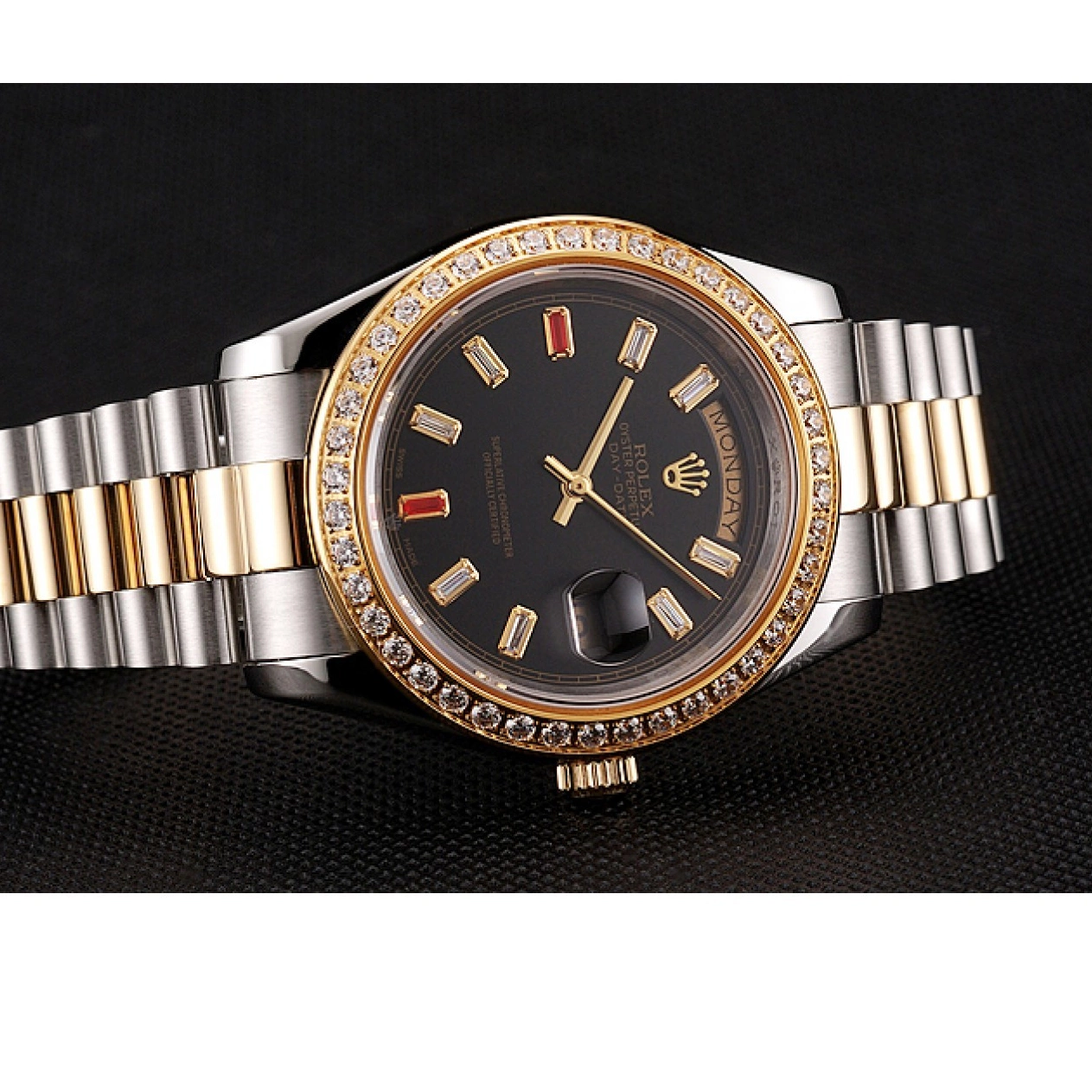 Good copy rolex watches Bracelet Day-Date Tone Rubies Two Rolex 1454105 Dial Swiss Black And Diamonds 0701